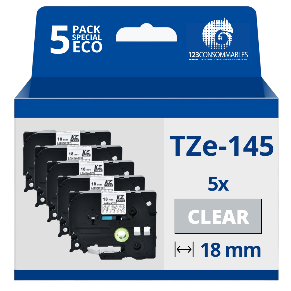 Pack de 5 Rubans compatible avec Brother TZe145 - Texte blanc sur fond transparent - Largeur 18 mm x 8 mètres